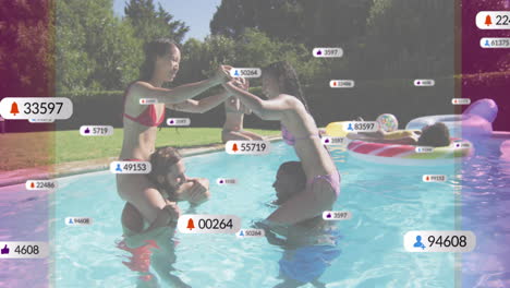 playing in pool, people surrounded by floating social media notification icons