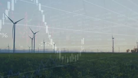 Animation-of-financial-and-stock-market-data-processing-against-spinning-windmills-on-grassland