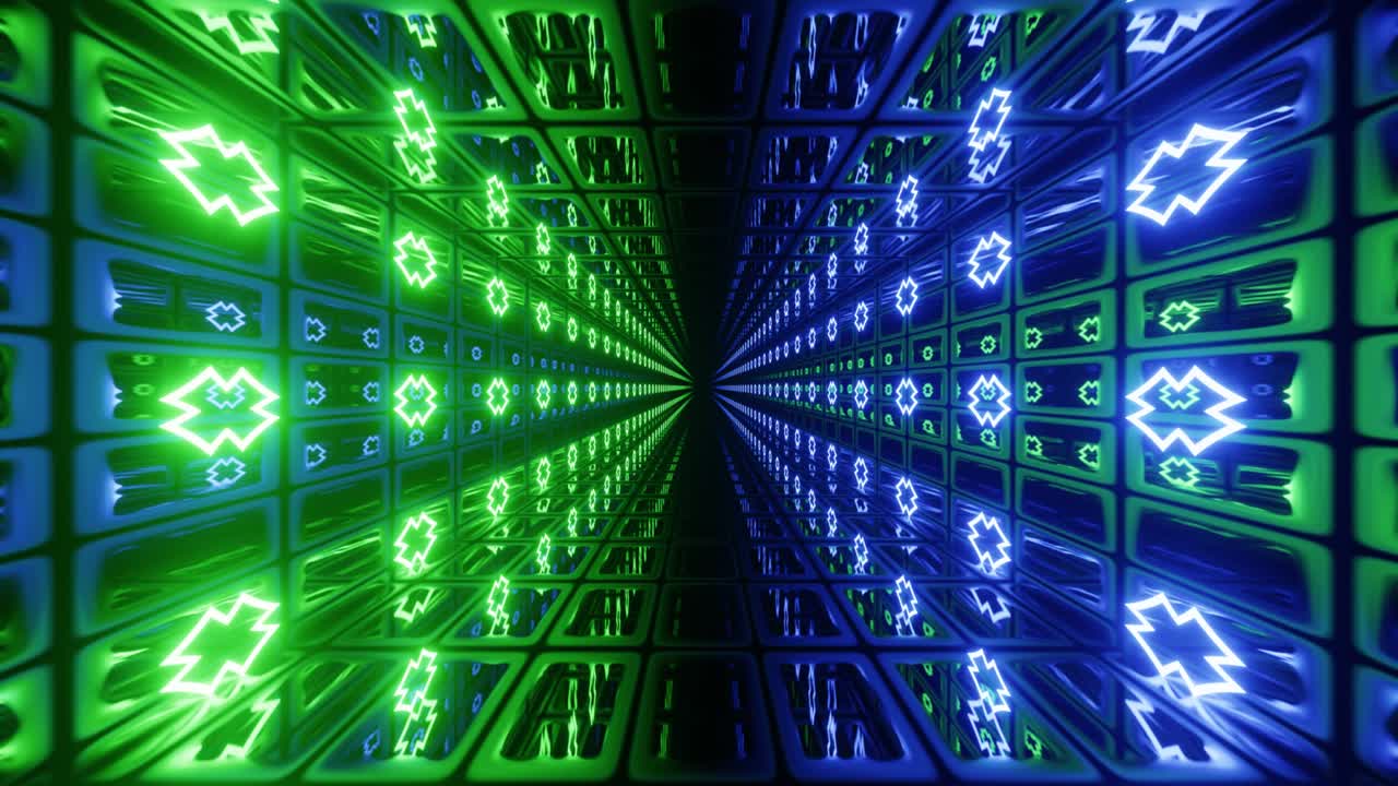 Hi-tech neon sci-fi tunel. Neon pattern hi tech technology. Trendy neon glow lines form pattern and construction in mirror tunnel. Fly through technology cyberspace. 3d looped 4k bright youth bg.