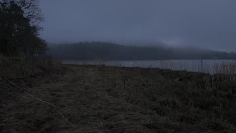 La-Línea-De-La-Costa-De-La-Isla-Anochecer-Inclinación-Revelan-Bosques-Distantes-Cubiertos-De-Niebla