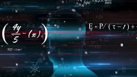 Animation-of-digital-head-and-mathematical-equations-on-black-background