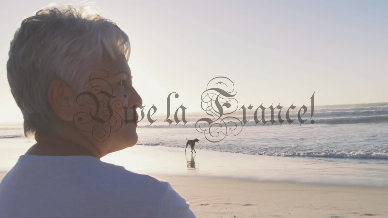 Person steht am Strand mit 'Vive la France!' Textanimation über Meeresblick.