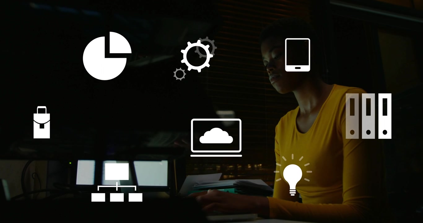 Woman typing late on keyboard monitor glow initiating business pie chart icons pulsing on screens