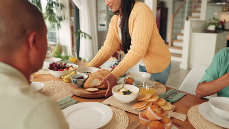 food, morning breakfast and family in a dining