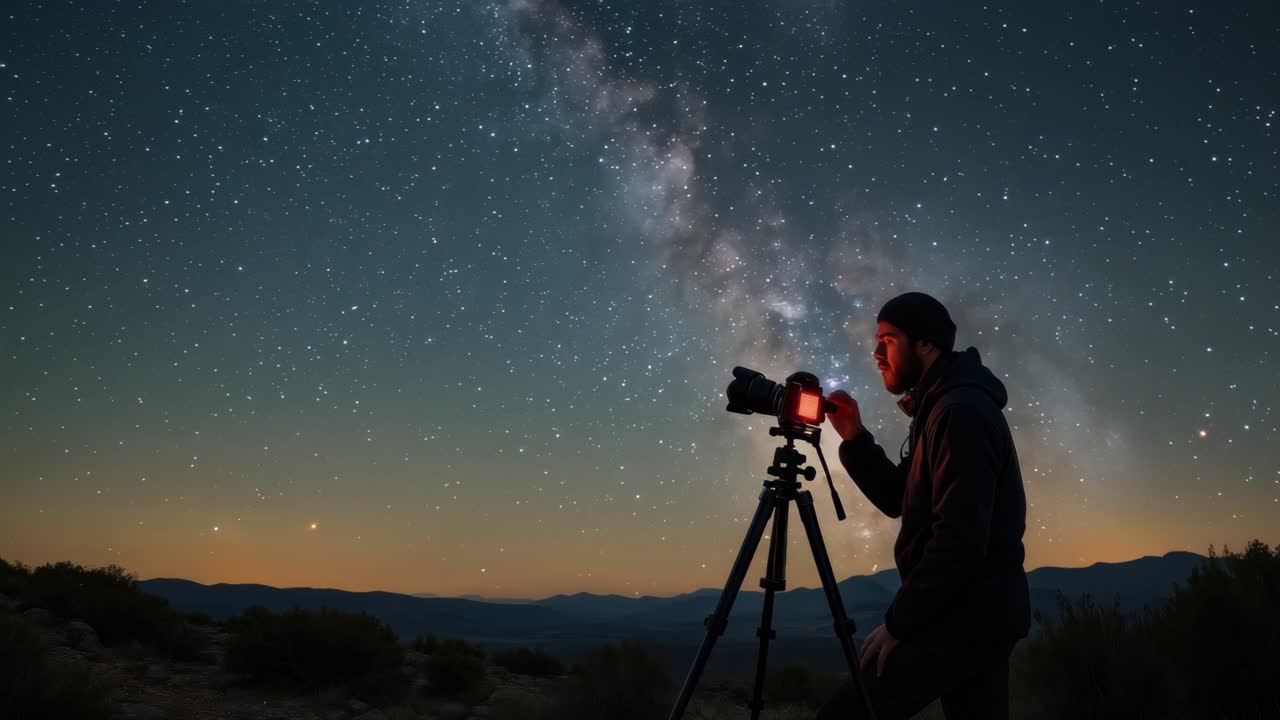 Un'inquadratura laterale di un videografo che riprende il cielo notturno stellato e la Via Lattea.