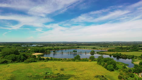 Aerial-shot-looking-over-a-reservoir,-on-a-summers-day
