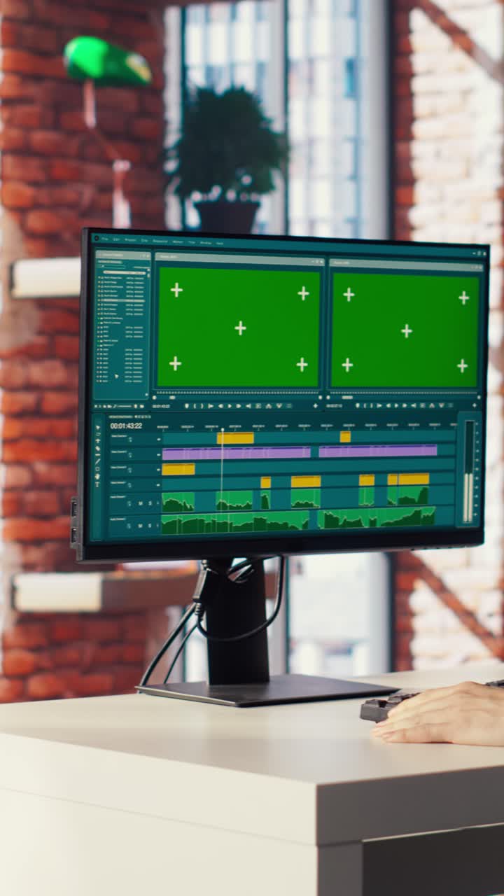 Vertical video Man using mouse to edit movie project footage on chroma key PC