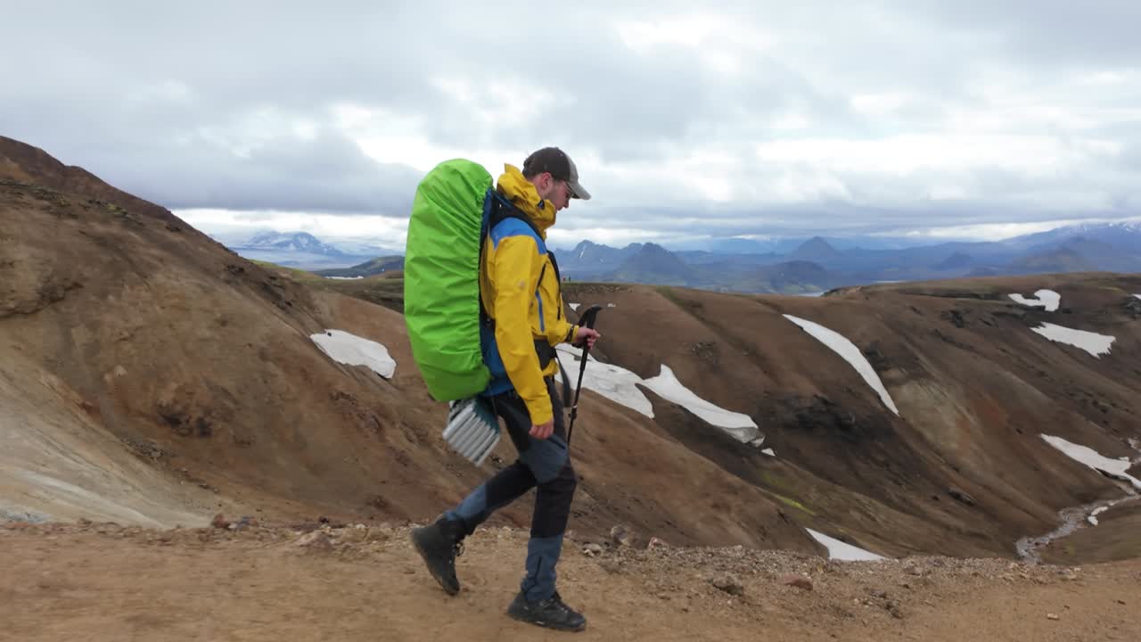 Hiking the trail with a heavy backpack, Laugavegur