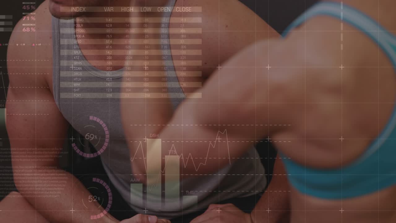 Right athlete raising arm, left mirroring in gym, charts and % labels appearing over arms comparing