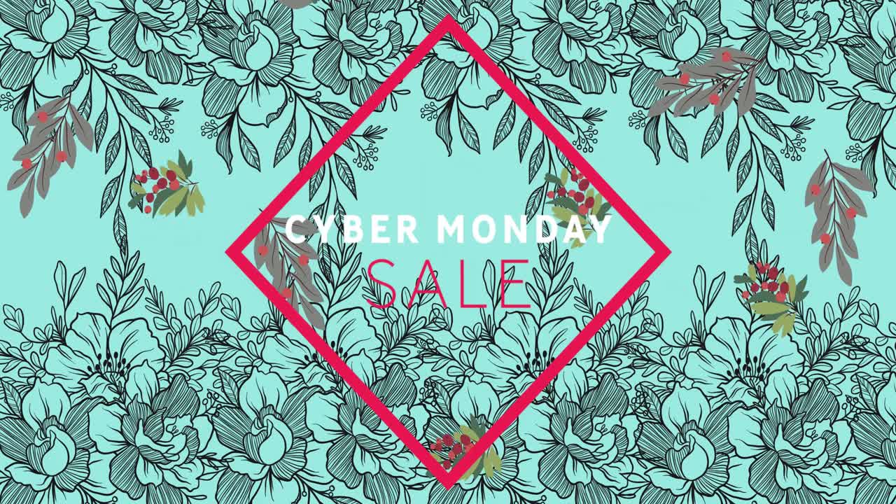Animation of cyber monday sale text in red frame over flowers moving in hypnotic motion