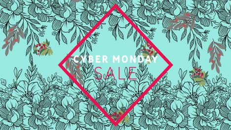 Animación-Del-Texto-De-Venta-Del-Cyber-Monday-En-Marco-Rojo-Sobre-Flores-Moviéndose-En-Movimiento-Hipnótico