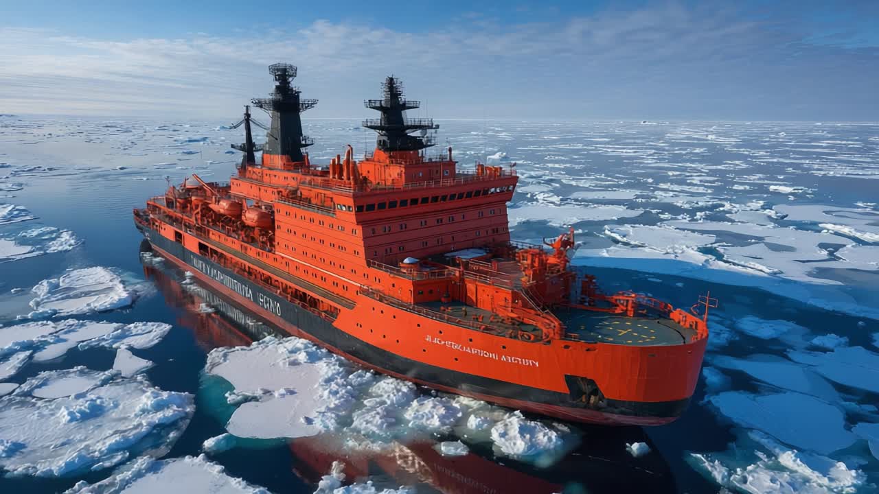 A Stunning Aerial View of an Icebreaker Ship Navigating Through Frigid Arctic Waters Surrounded by Floating Icebergs in Clear Blue Skies