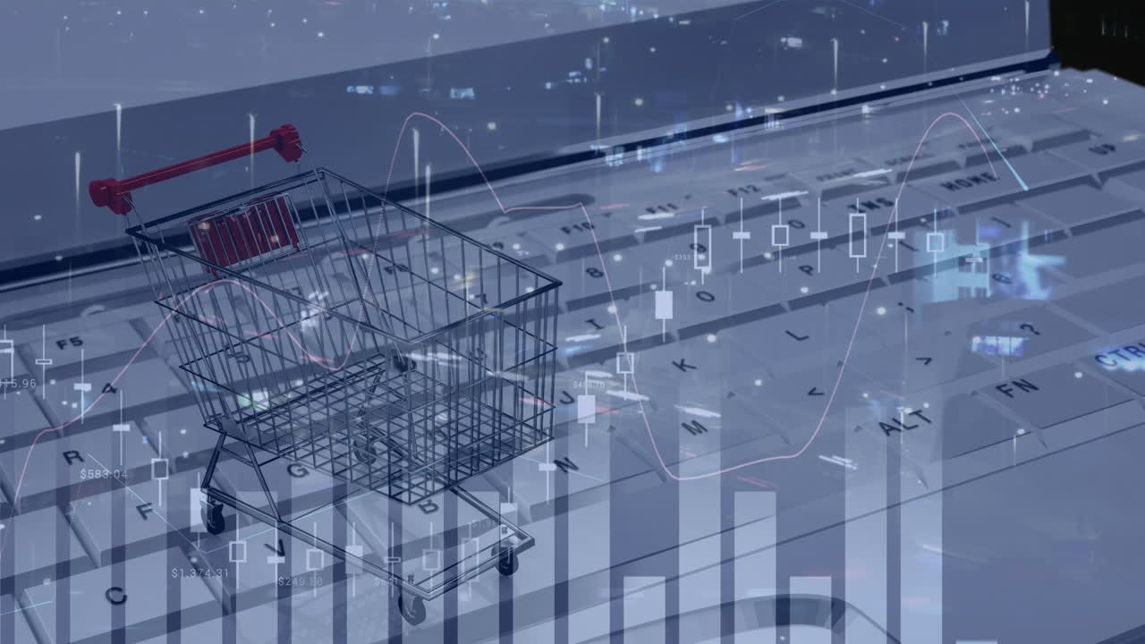 Animation of data processing over laptop and shop trolley