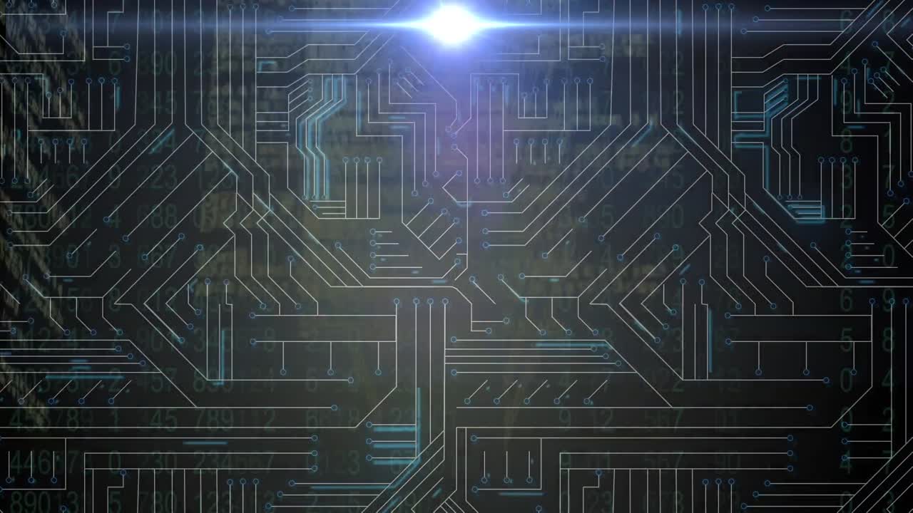빛나는 컴퓨터 회로판 위의 데이터 처리 애니메이션