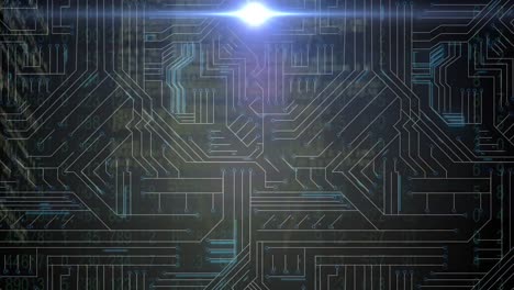 animación del procesamiento de datos sobre una placa de circuitos informáticos brillante