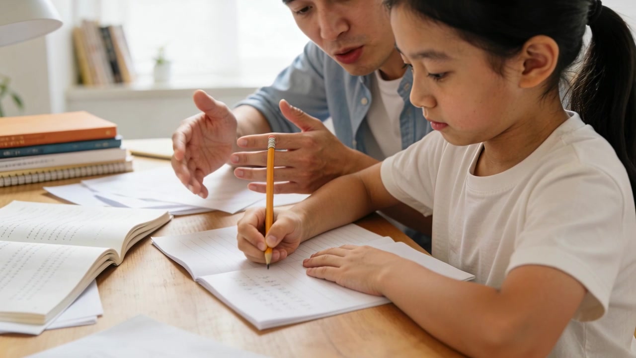 自宅の机で宿題をする学齢期の少女。青いシャツを着た男性が鉛筆で指差しながら指導している。