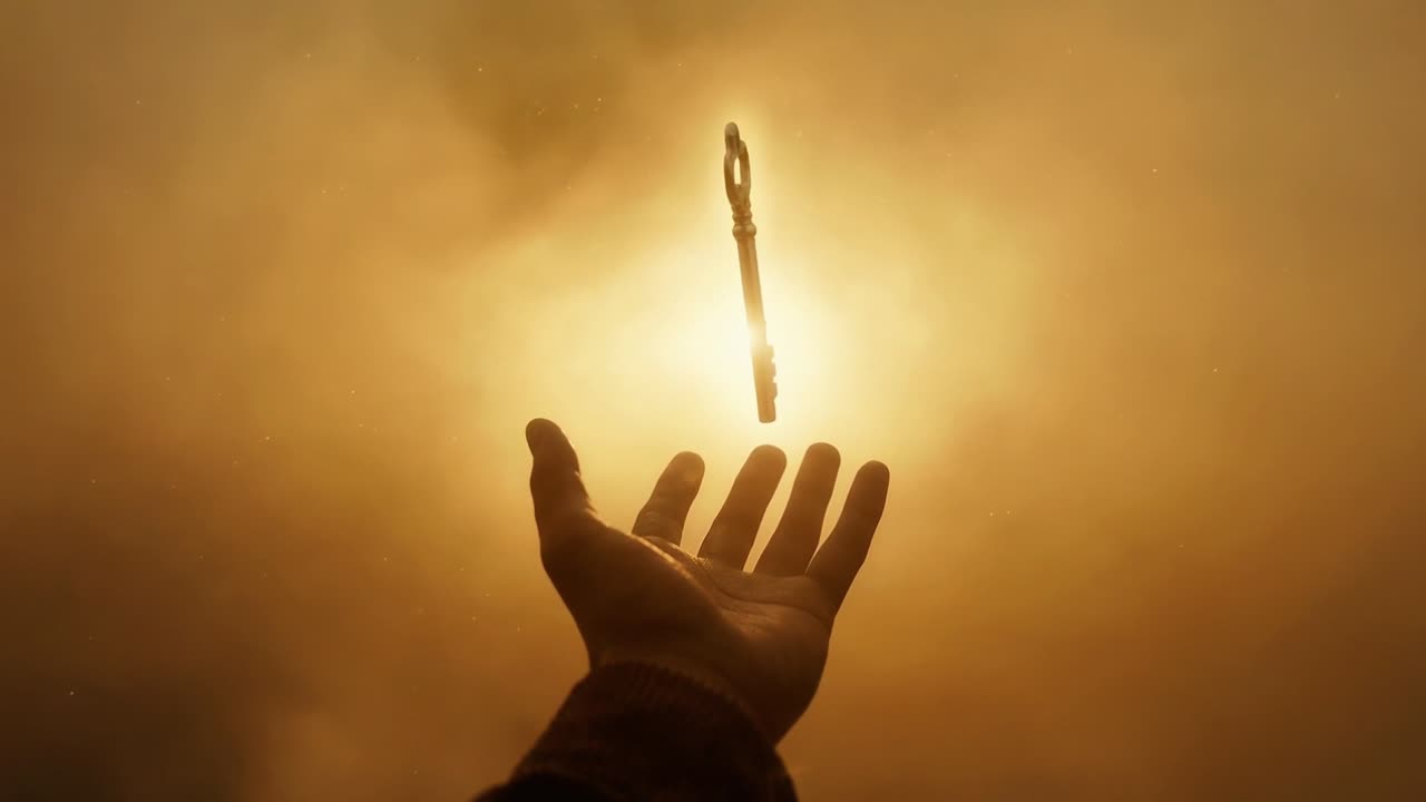 Hand greift nach oben, während ein antiker Schlüssel in leuchtendem goldenen Nebel mit hellem Gegenlicht schwebt und sich dreht