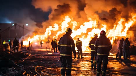 firefighters respond to a large blaze at a warehouse during the night