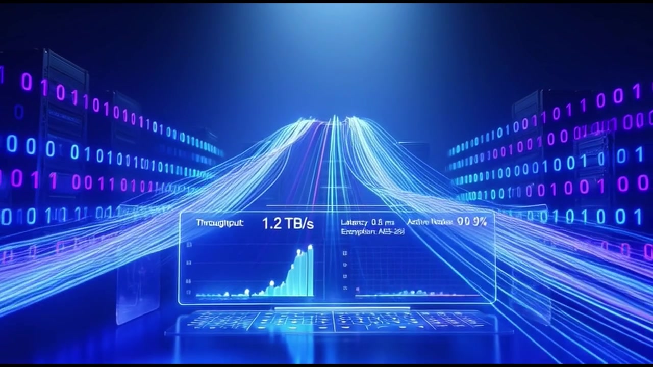 Digital Data Flow and Network Security Visualization in Server Room