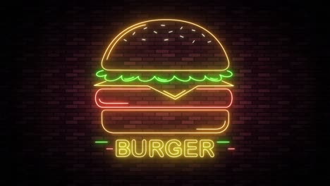 neon burger sign flickers on a brick wall.