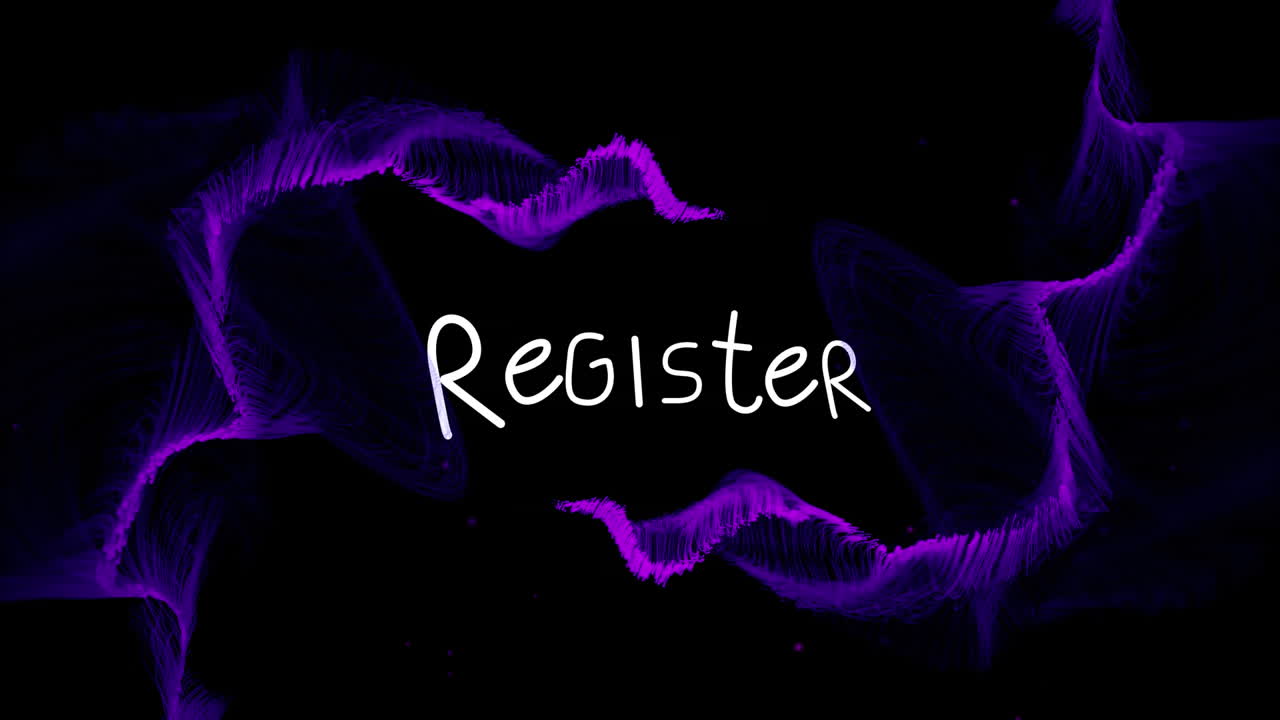 animación de formas púrpuras sobre texto de registro en fondo negro.