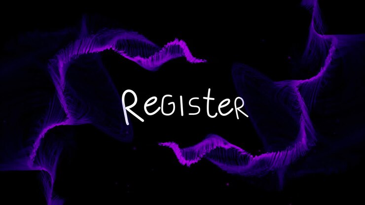 Animation of purple shapes over register text on black background