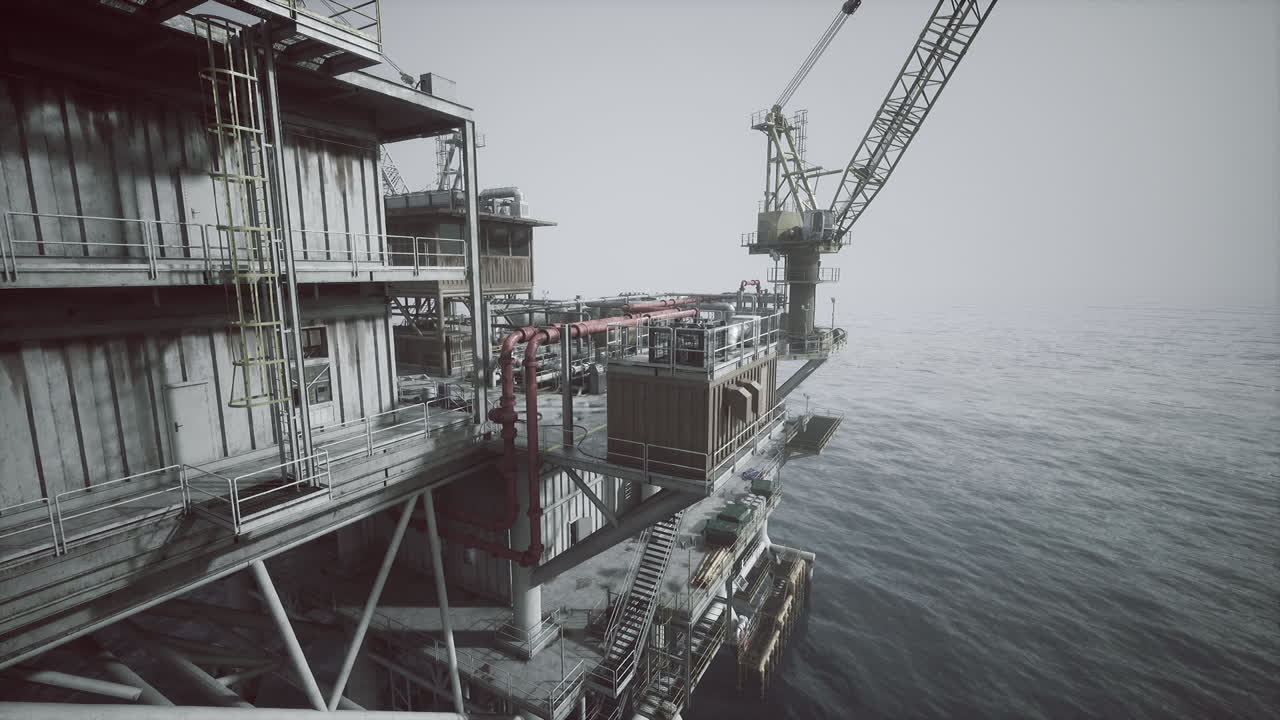 Oil platform structure overlooking calm waters during overcast weather