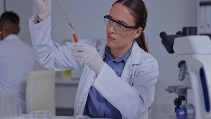 Science, vaccine and pharmacy with woman