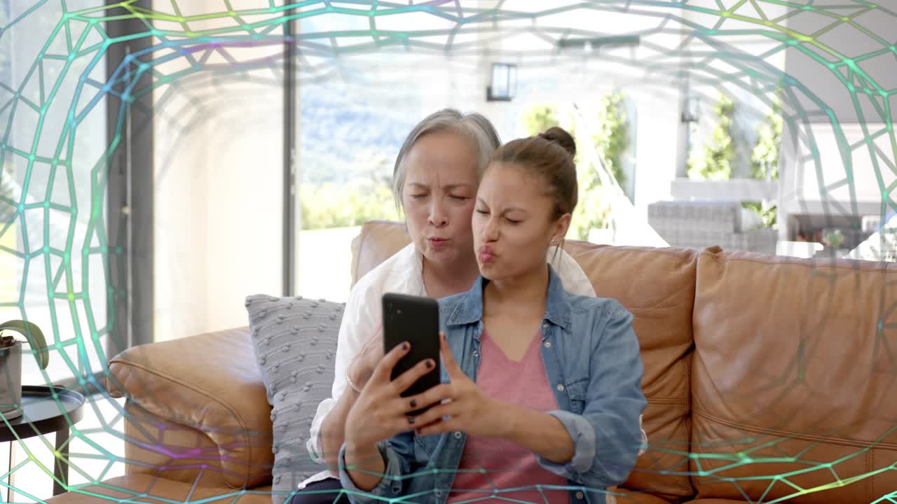 Teen tapping phone and framing selfie with mom leaning, overlay sweeping across them for marketing
