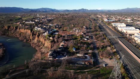 Redding,-California-with-Sacramento-River,-Highways,-Mountains-in-the-distance