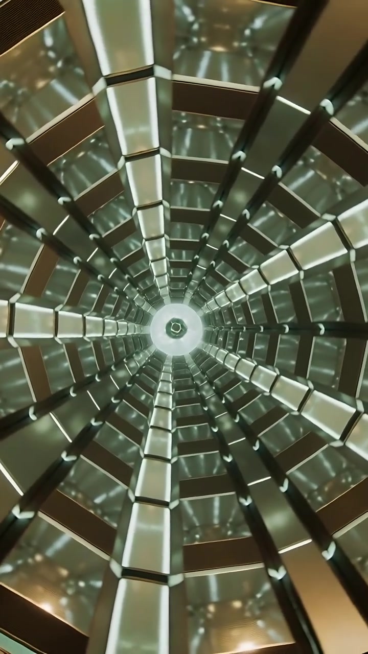 Vertical video: Rising camera on start revealing mirrored shaft in lobby with LED ribs, reflections