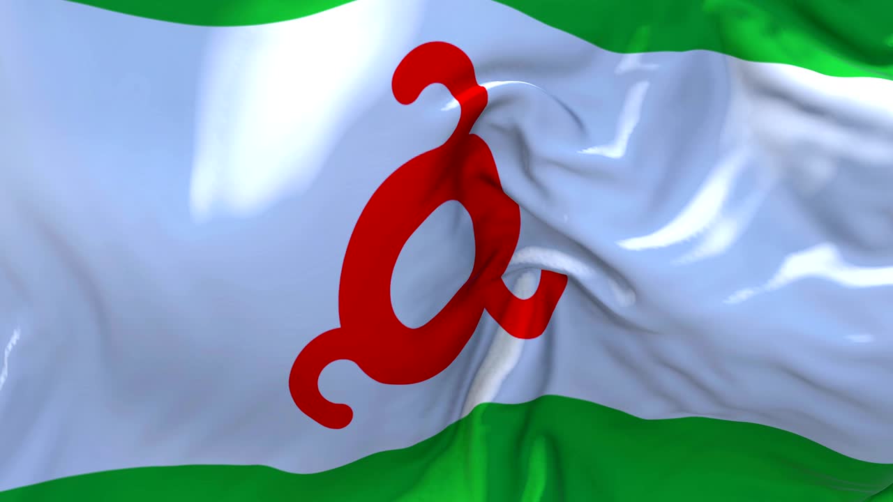 bandera de ingushetia ondeando en el viento animación en cámara lenta. 4k textura de tela realista bandera soplando suavemente en un día de viento fondo de bucle continuo sin costuras.