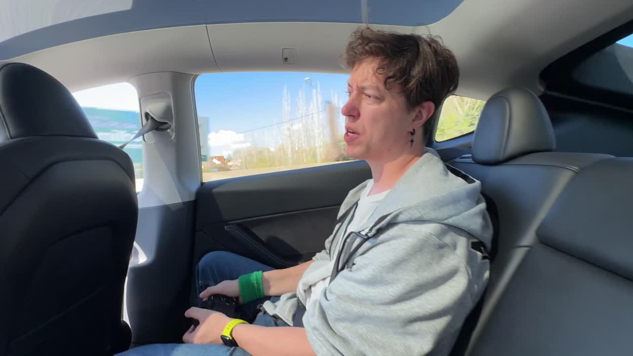 People in a Tesla Model 3 back seat