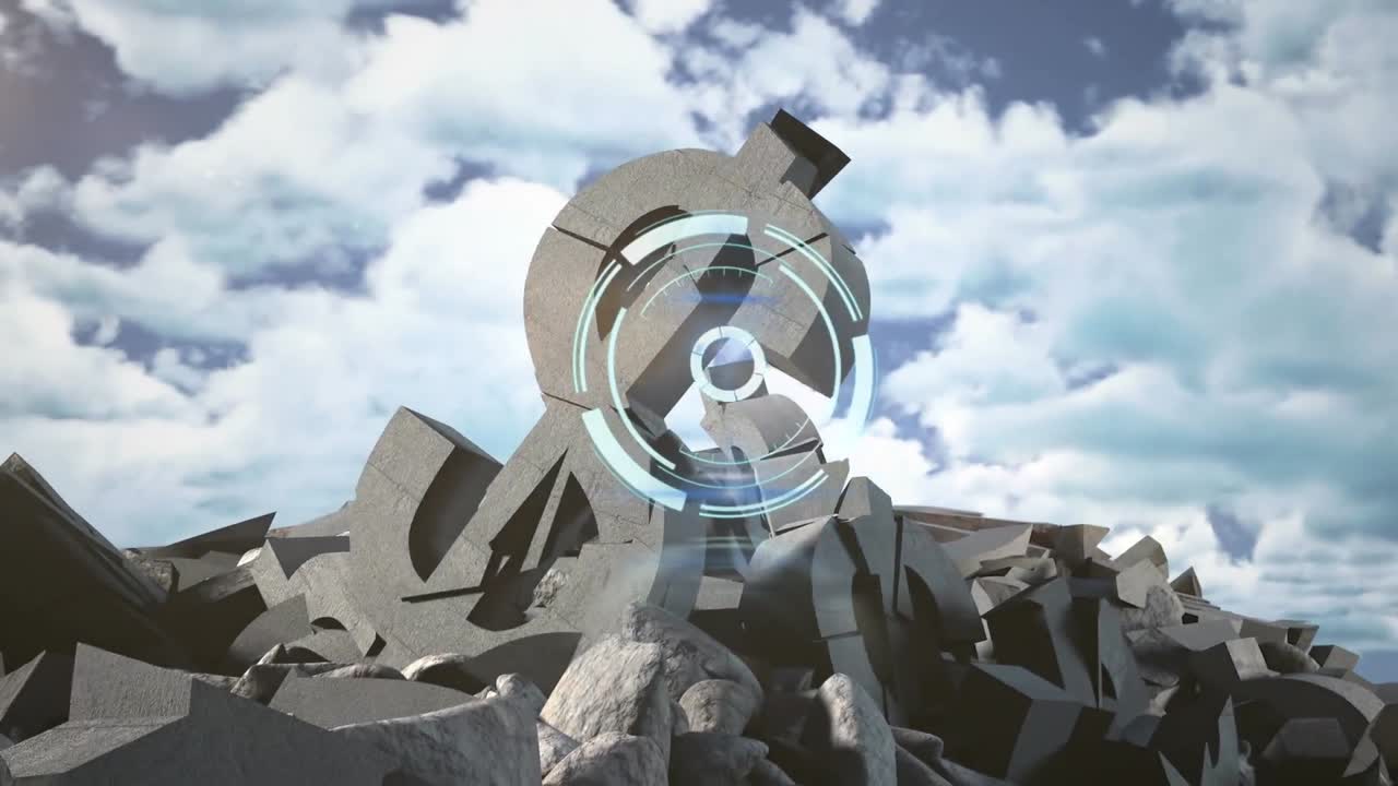 escáner redondo sobre símbolo de moneda de dólar roto contra nubes en el cielo azul