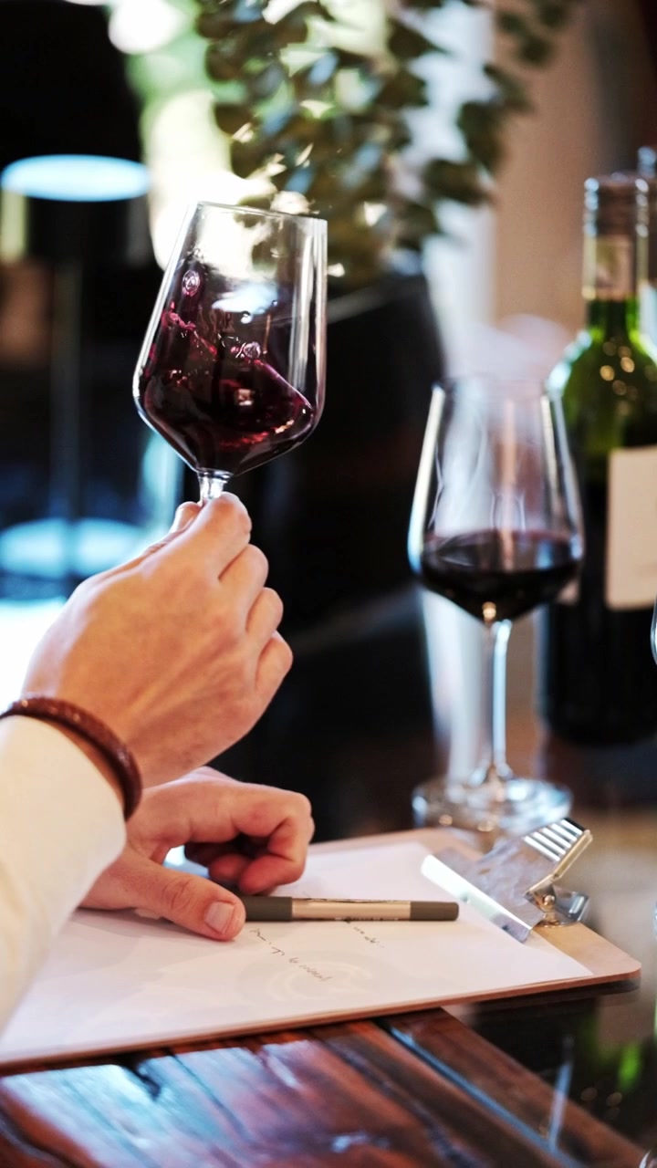 Sommelier fa roteare vino rosso in un bicchiere