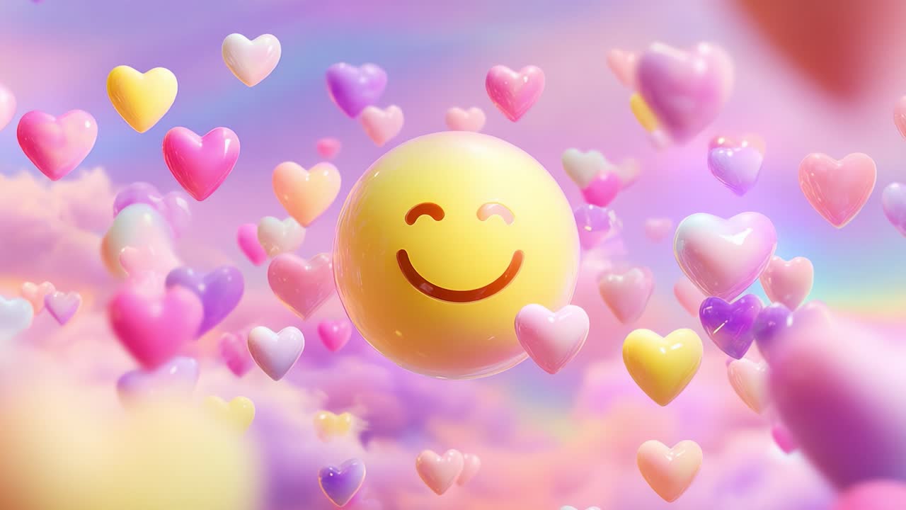 A vibrant and joyful scene featuring a cheerful smiley face amidst a whimsical scattering of colorful hearts, creating a delightful and uplifting atmosphere filled with happiness and positivity