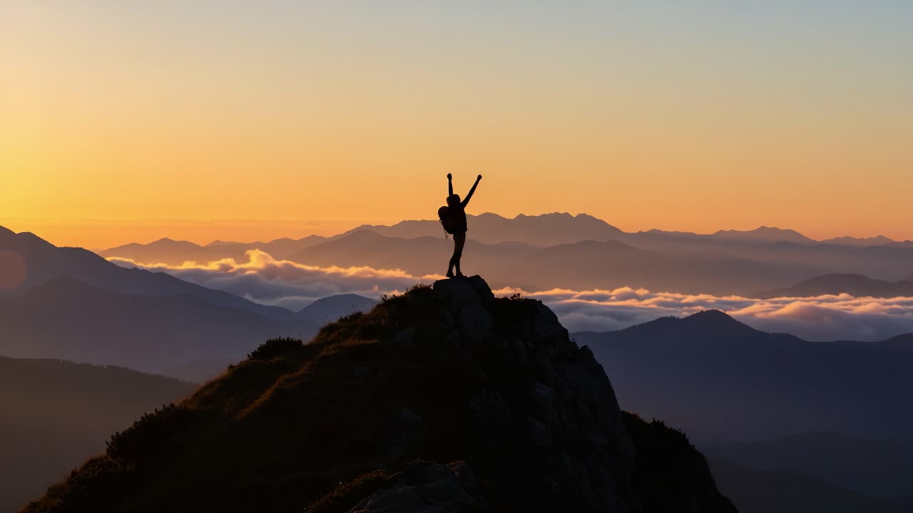 A Triumphant Moment on the Summit: Silhouette of a Hiker Celebrating the Rising Sun Above the Majestic Mountains with Clouds Below