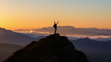 A Triumphant Moment on the Summit: Silhouette of a Hiker Celebrating the Rising Sun Above the Majestic Mountains with Clouds Below