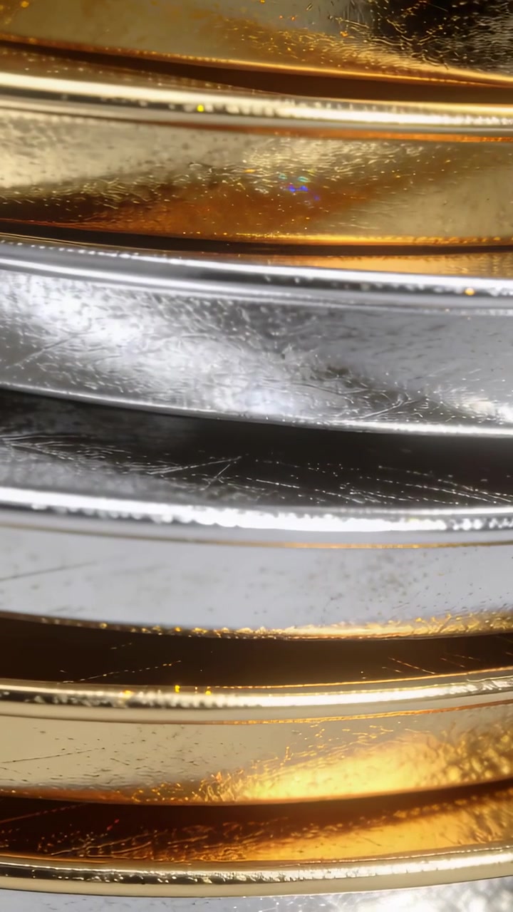 Video verticale: Telecamera che effettua una panoramica su anelli metallici impilati in una stanza, rivelando graffi e macchie.