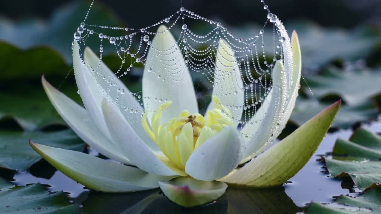 Ninféia branco-amarelada desabrochando, revelando o miolo amarelo em uma lagoa calma, com teia de aranha orvalhada oscilando.