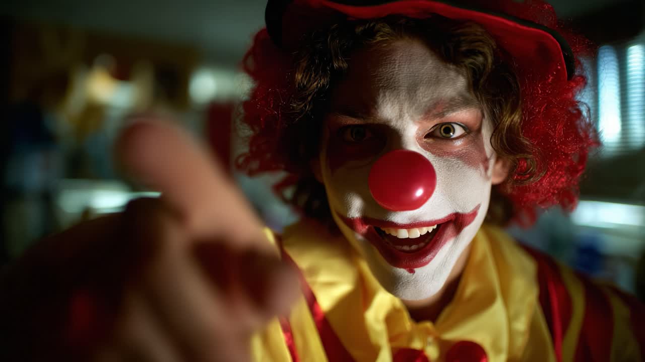 A vibrant clown in colorful costume, showcasing a thrilling expression while playfully pointing, inviting joy or mischief with a bright red nose and makeup