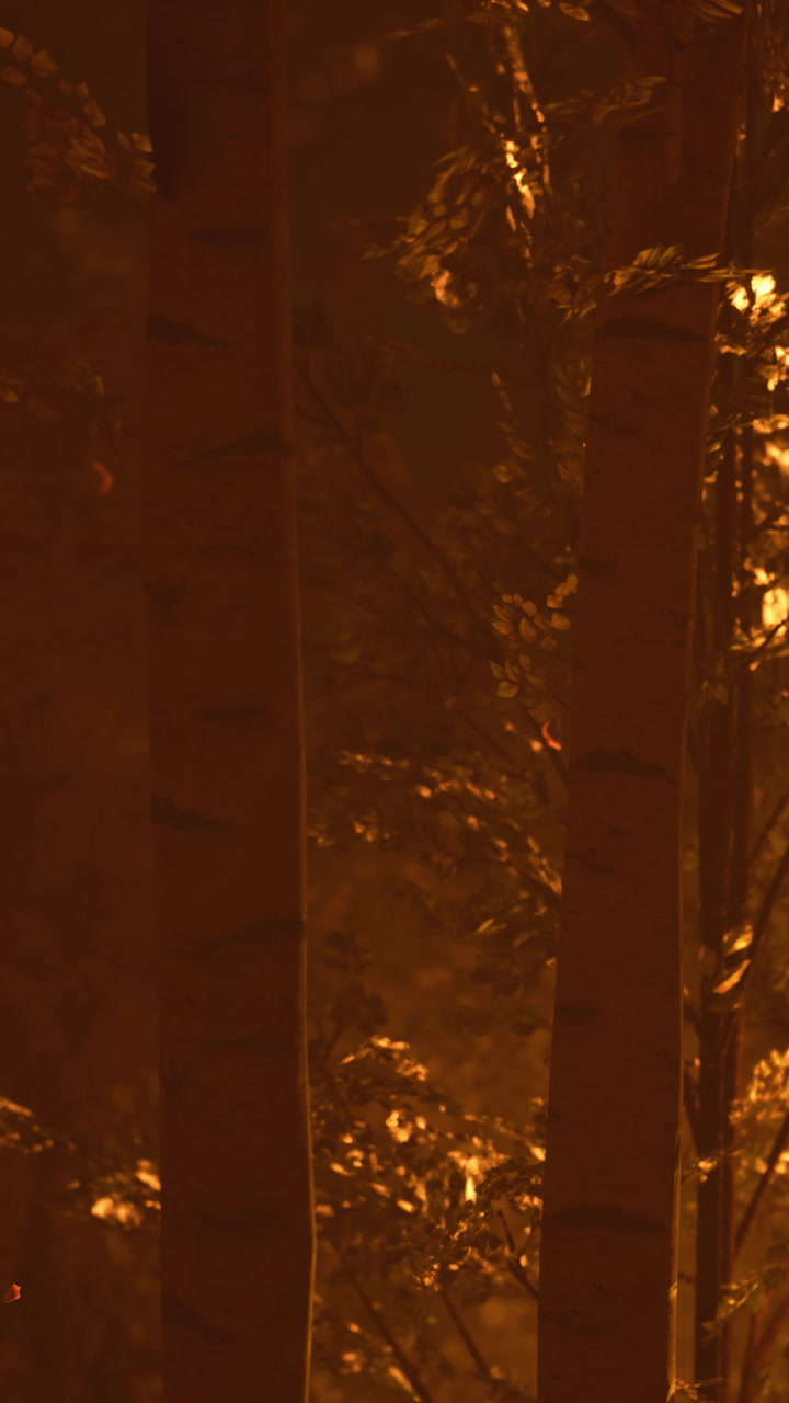 Golden light filters through trees during a serene evening in the forest