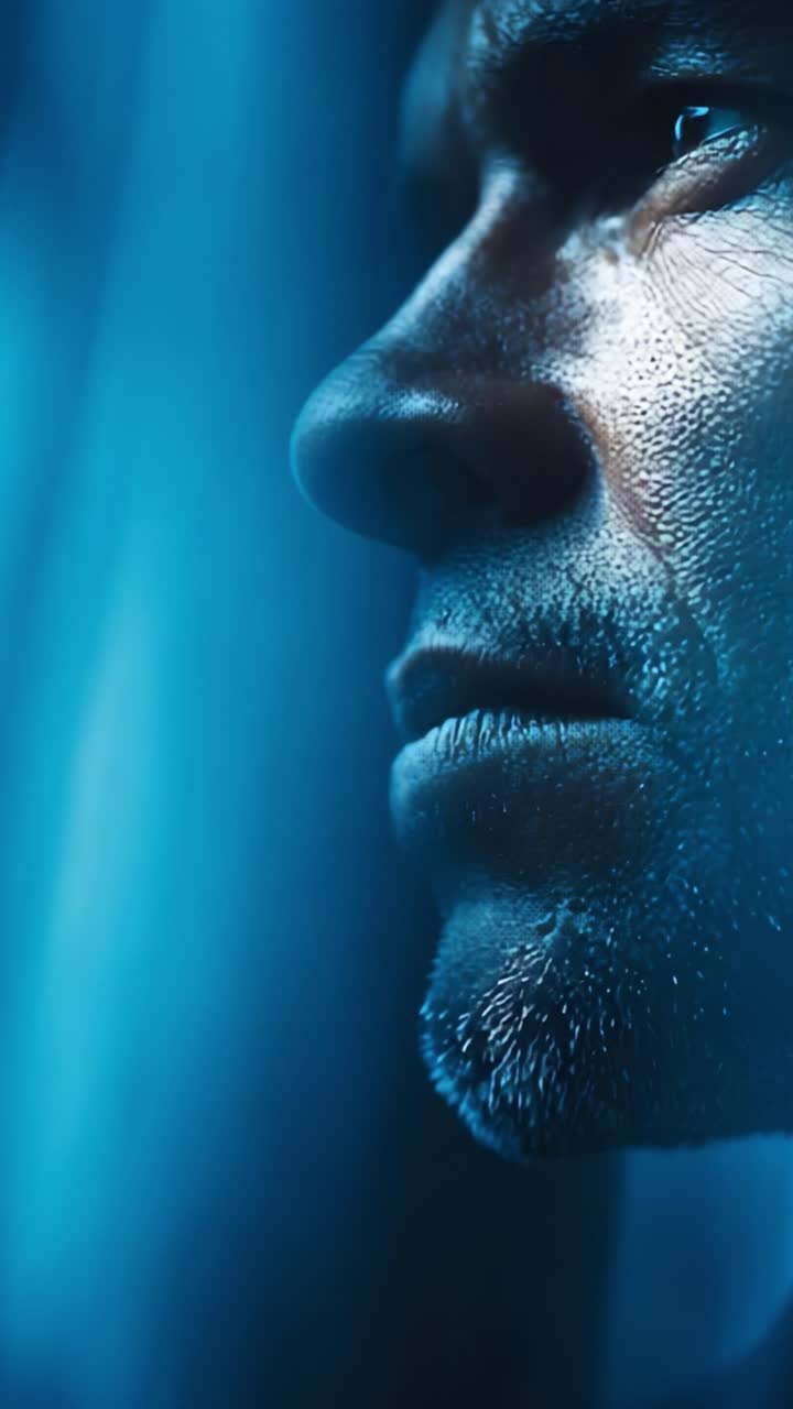 An Introspective Moment: A Close-Up of a Man's Profile Captured in Deep Blue Light, Revealing Emotion and Depth in a Subtle Yet Powerful Expression