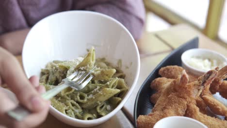 pasta with pesto and fried shrimp