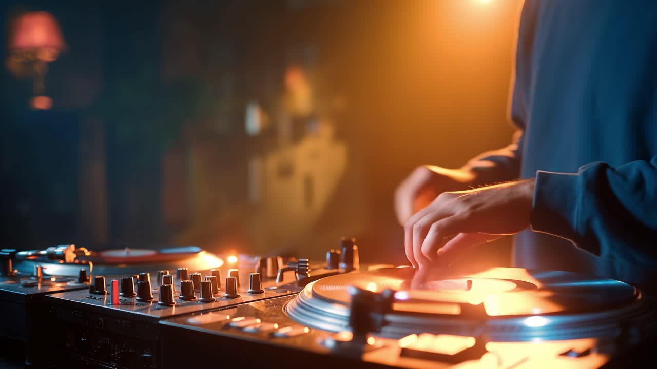 DJ mixer numre med fokuseret intensitet. Hænder glider over kontrollerne med øvet lethed. Varme lys gløder blødt omkring udstyret. Beatet pulserer gennem luften. Ideel til musik, natteliv.