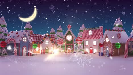 Animation-Der-Weihnachtsgrüße-über-Einer-Winterlandschaft-Mit-Häusern-Und-Mond