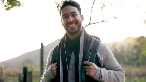 Happy-asian-man,-backpack-and-travel-in-nature