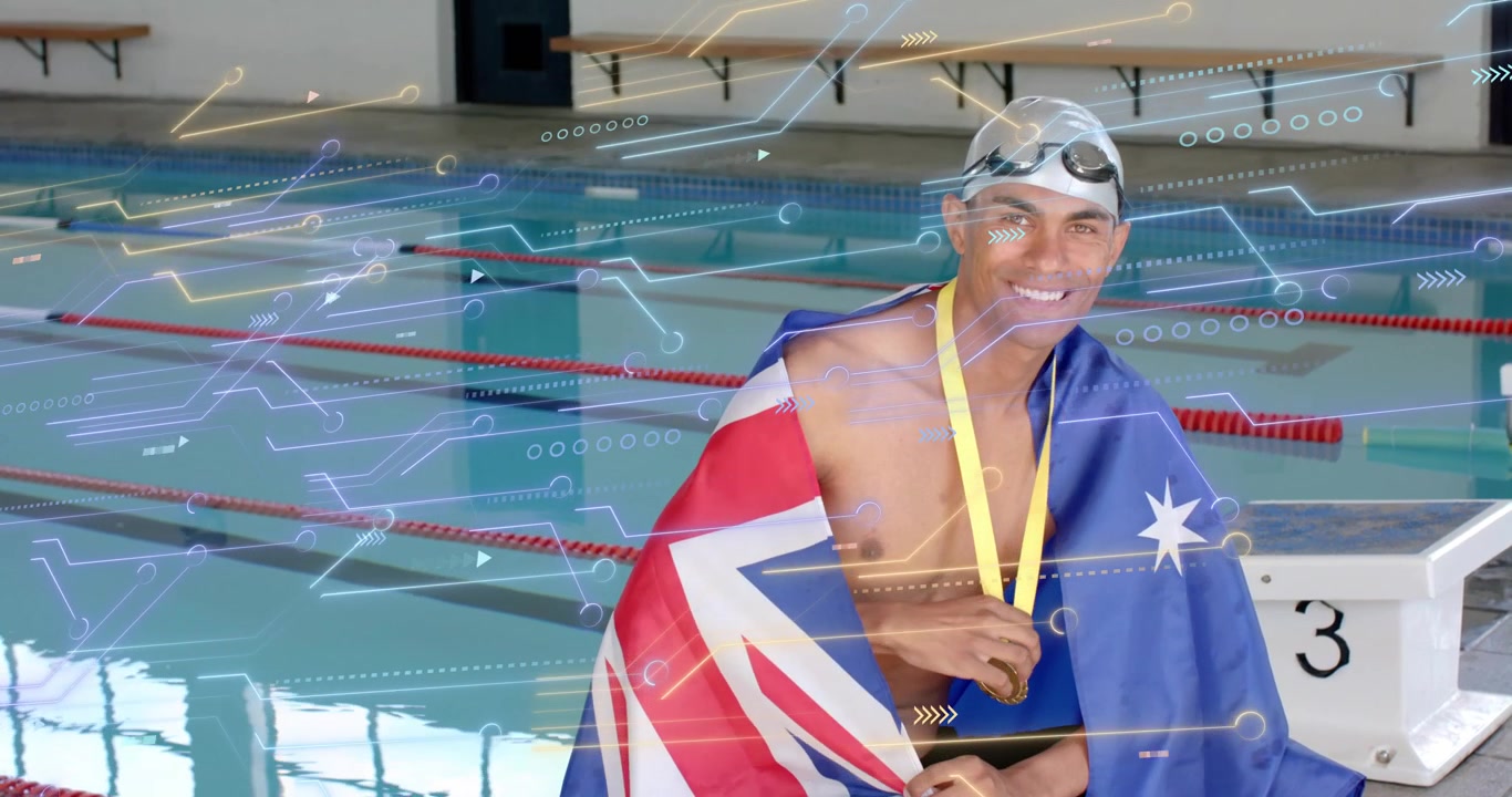 Svømmer justerer australsk flag, holder medalje og fejrer sejr, med et rullende sportsbane-overlay