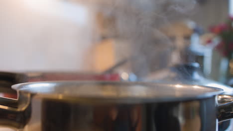 steam rising over a shiny pot in a home kitchen as water begins to boil