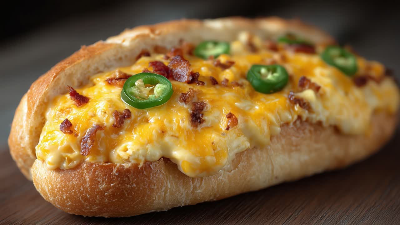 Delizioso sandwich per la colazione al formaggio con pancetta e jalapeños, servito su un panino appena sfornato, perfetto per iniziare bene la giornata.